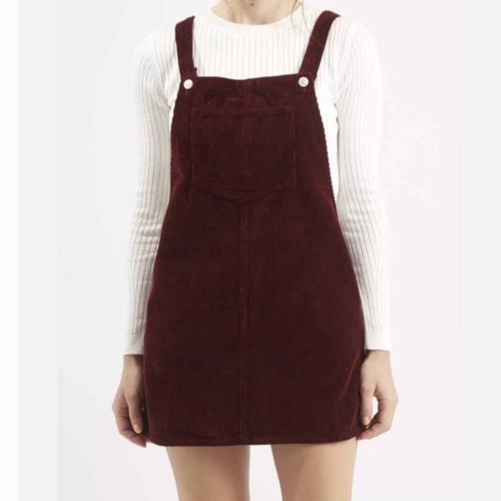 Topshop Moto red courdoroy dress mini pinafore overall dress US 4